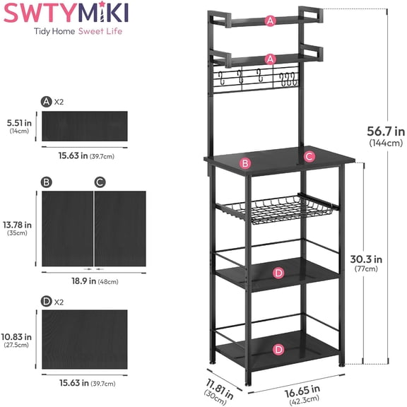 6-Tier Coffee Bar Station with Drawer & Hooks, Black Corner Bakers Rack for Kitchen