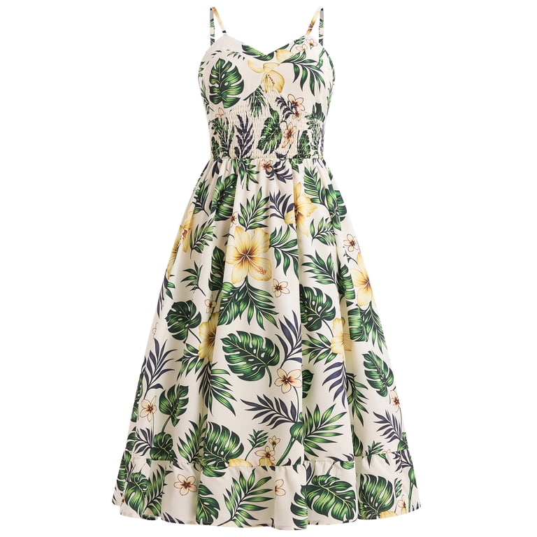boho mommy and me dresses Ibtom Castle Floral Print Smocked Dress, Adjustable Spaghetti Strap Summer Holiday Party Casual Outfits 5-6t Green Leaves, Girl's Size:L Petite Vintage Hollywood Black Dress Fall 1 2025 Home Furnishings toddler birthday dress