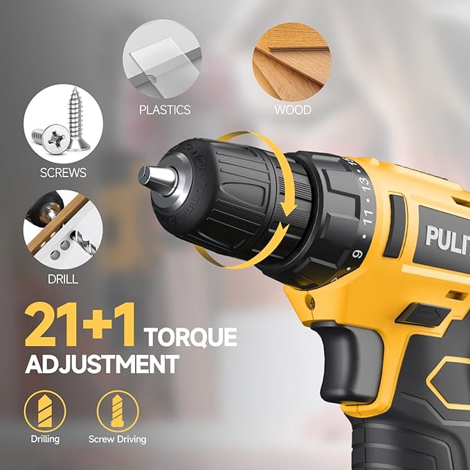 PULITUO 12V Cordless Power Drill Set with Battery and Charger, 3/8" Keyless Chuck, 21+1 Torque Settings, Built-in LED Light, Compact Electric Drill Kit for Home Improvement and DIY Projects(yellow)