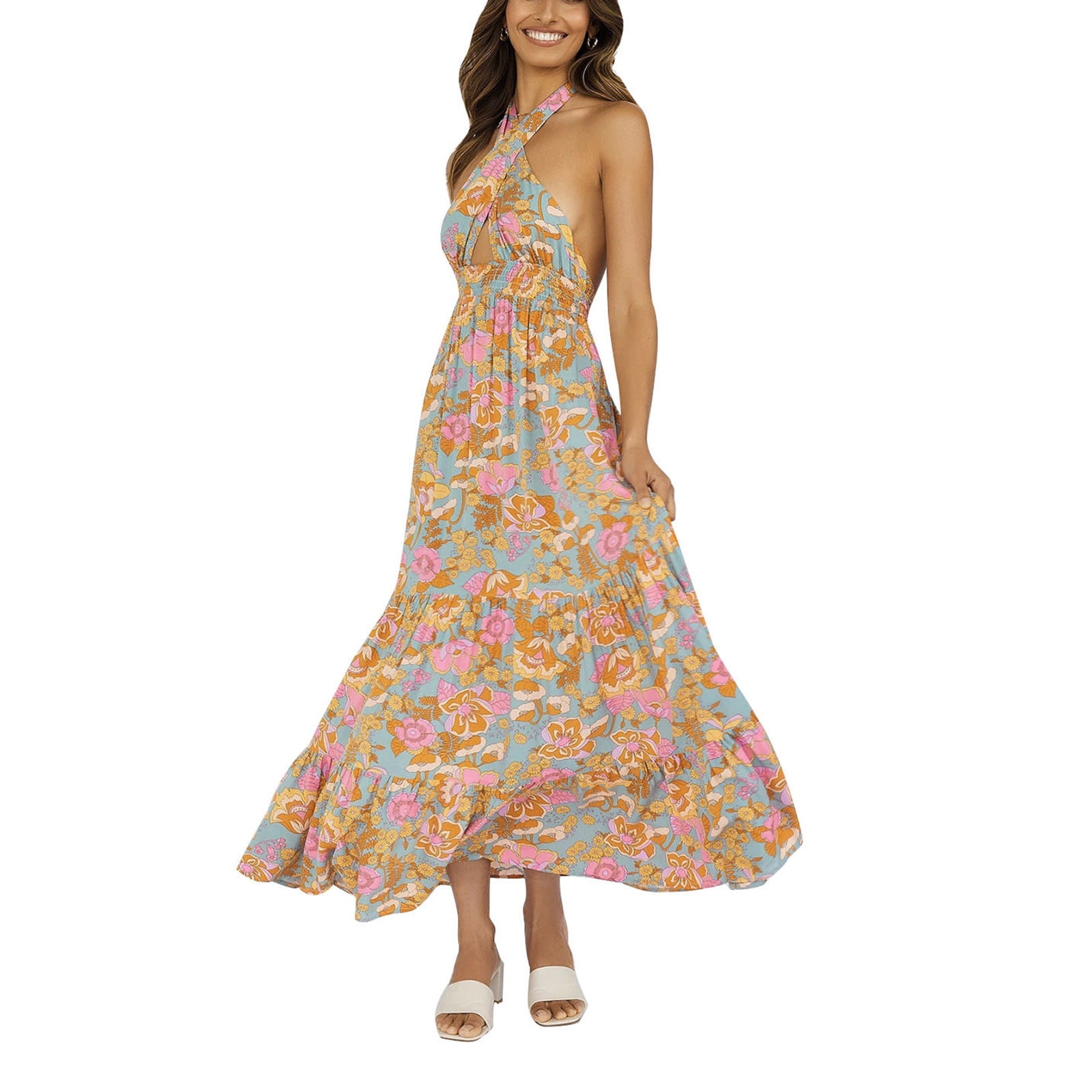 Transer Womens Plus Size Front Criss Cross Dress Off Shoulder Ruffles Floral Print Flowy Hi-Lo Dresses