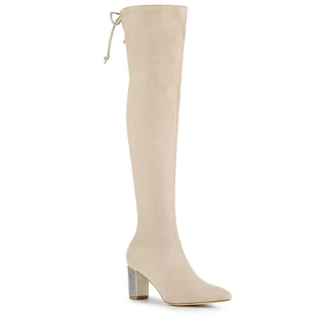 

Allegra K Women s Rhinestone Block Heels Over Knee High Boots