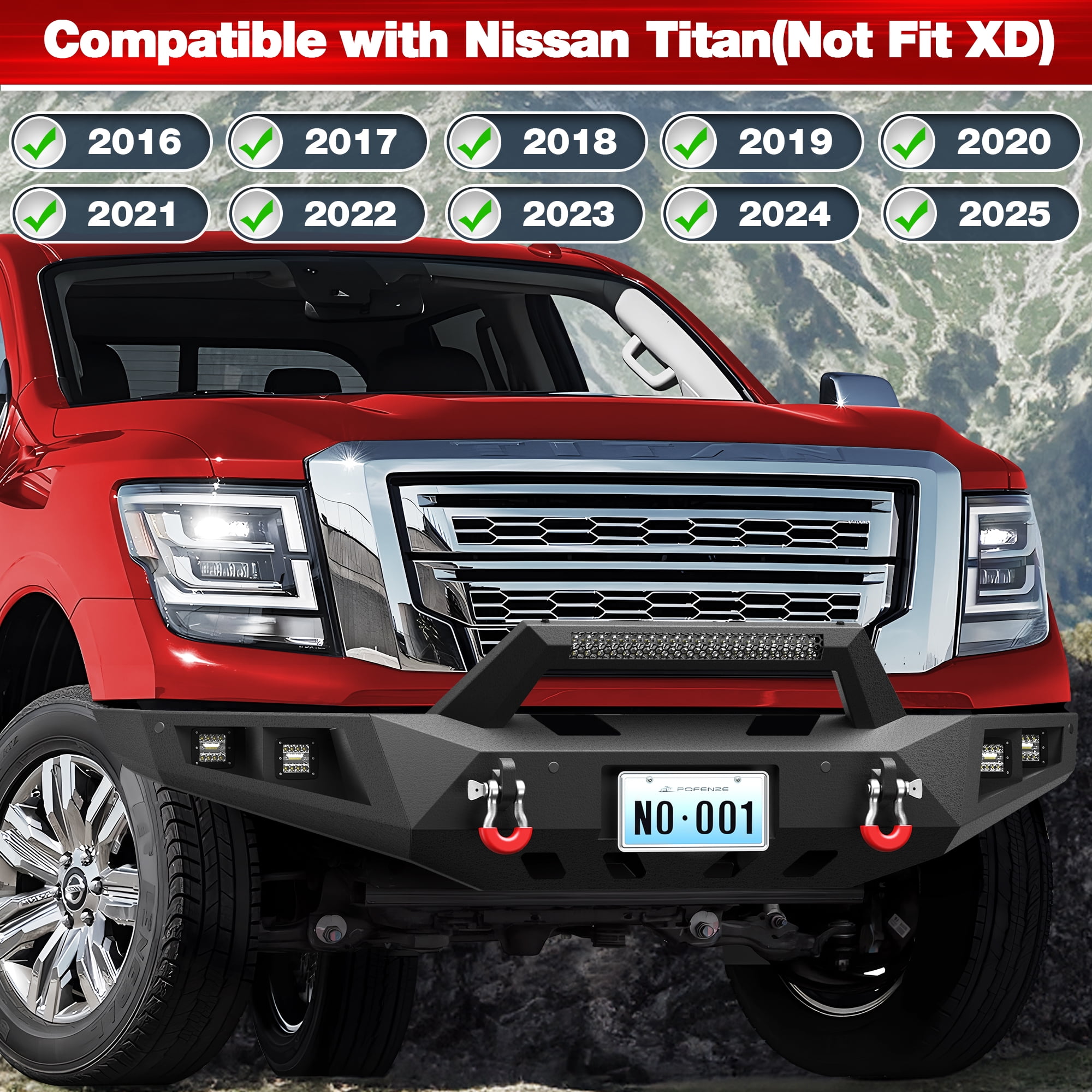 POFENZE Front and Rear Bumper Set for 2016-2024 Nissan Titan Full Width Pickup Truck Bumper w/Winch Plate, Light Bar, 6x18w Fog Lights