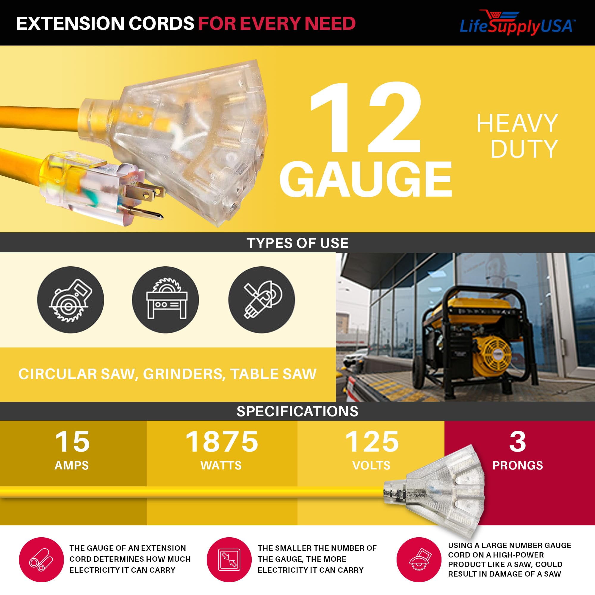 10ft Outdoor/Indoor Extension Cord 3-Outlet 12/3 Gauge Extra Heavy Duty 3 Prong SJTW, Waterproof, Flexible Cold-Resistant Long Power Cord,15A 125V 1875W, Yellow by LifeSupplyUSA