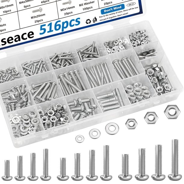Kit de surtido de tuercas y tornillos de 516 piezas, 21 tamaños M3/M4/M5/M6, kit de surtido de tuercas, tornillos y arandelas para maquinaria, muebles, automoción y reparaciones de motocicletas.