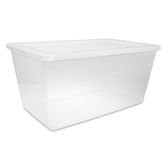 Sterilite Large Storage Bin, 90 Quart Clear Plastic Storage Container with Snap-On Lid, White