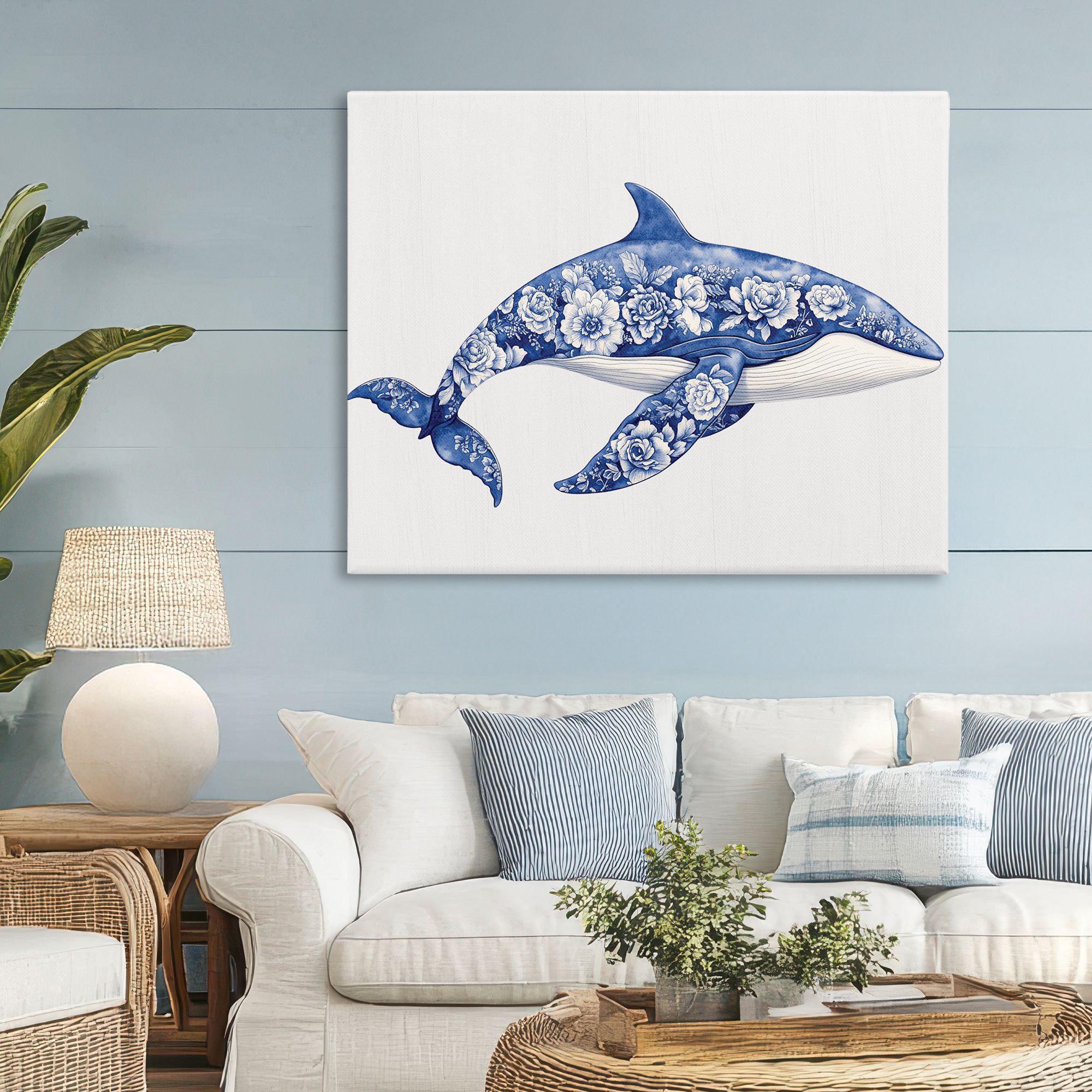 Floral Toile Whale Canvas Wall Art, design by Lettered and Lined