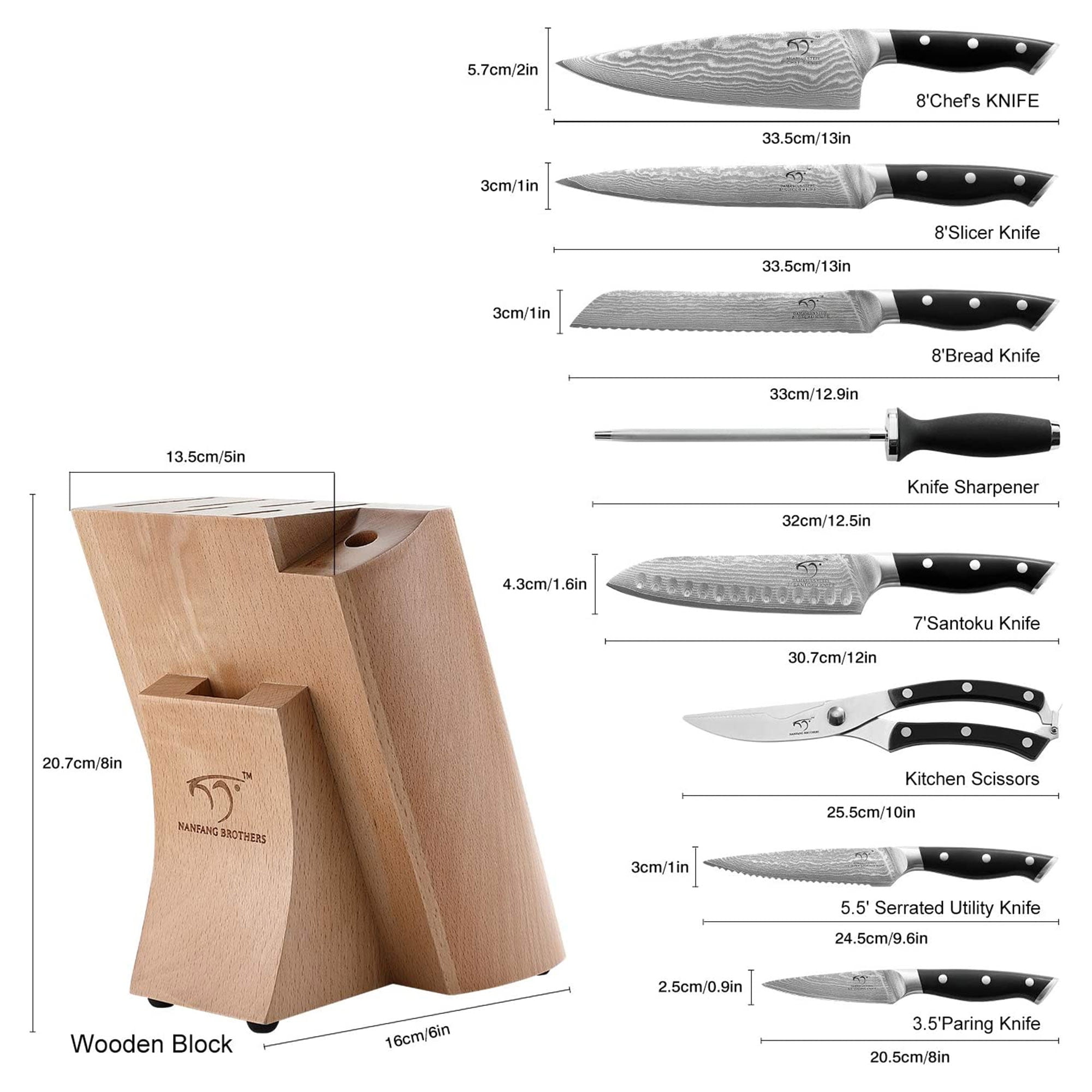 NANFANG BROTHERS Knife Sets for Kitchen with Block, 7 Pieces Damascus Knife  Set with Micarta Handle, Chef Knife Set and Kitchen Shear,Black in 2023