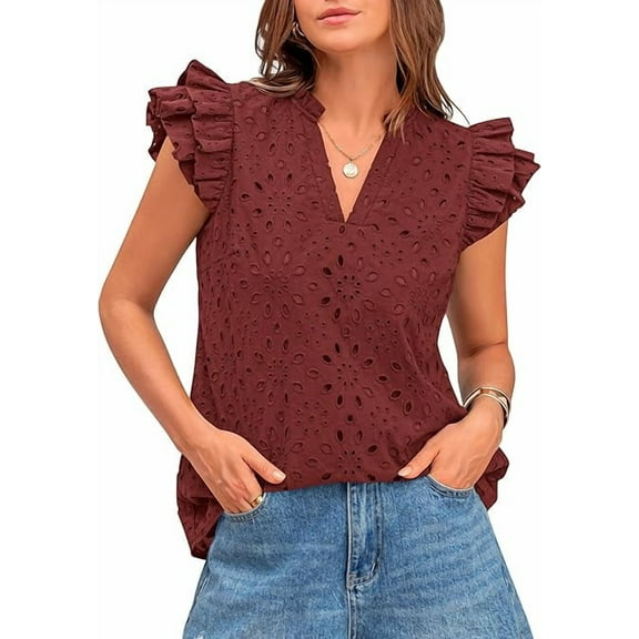 FreshPretty Women Summer Eyelet Tops Dressy Casual V Neck Ruffle Cap Sleeve Cotton Boho Shirts Lace Embroidered Blouses 2025