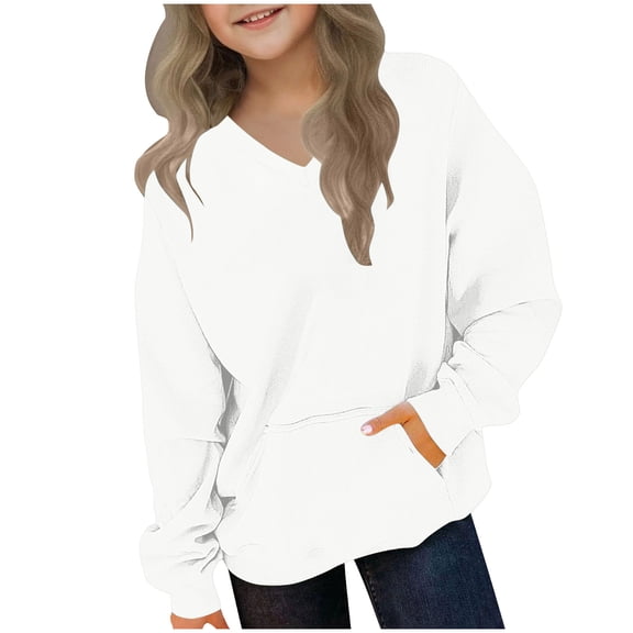 KyCheLot Boys Girls Sweatshirts Loose Solid Color V Neck with Front Pocket Long Sleeve Oversized Sweatshirt 2-12 Years