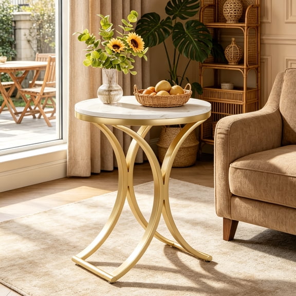 Fnova Modern Round Side Table, End Table Nightstand Accent Table with Faux Marble Top and Gold Metal C-Legs, Easy Assembly, for Living Room, Bedroom, Entryway, Small Space