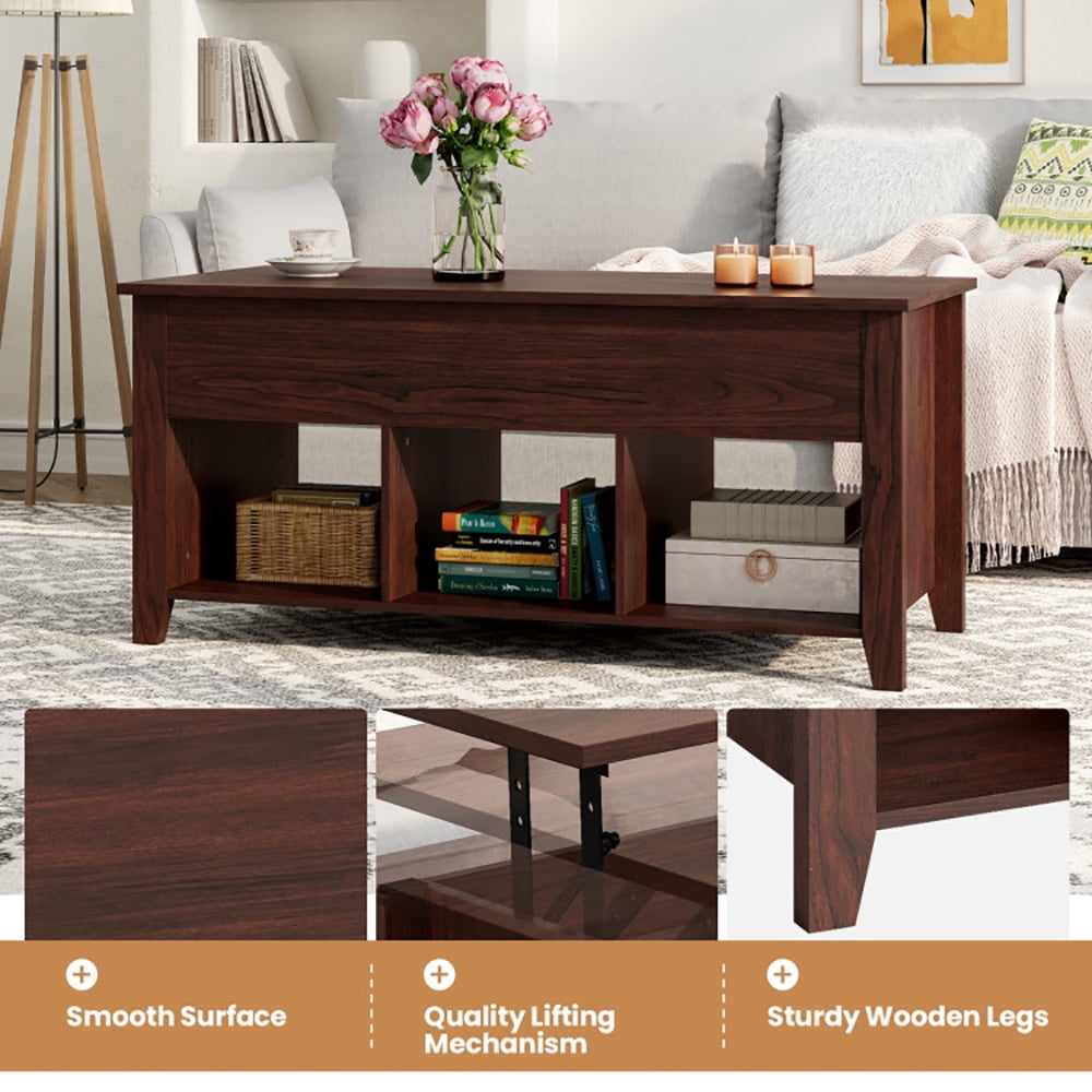 Finihen Wooden Coffee Table, Lift Top Coffee Table with Storage Lower Shelf, for Living Room, Reception Room, Office, Brown