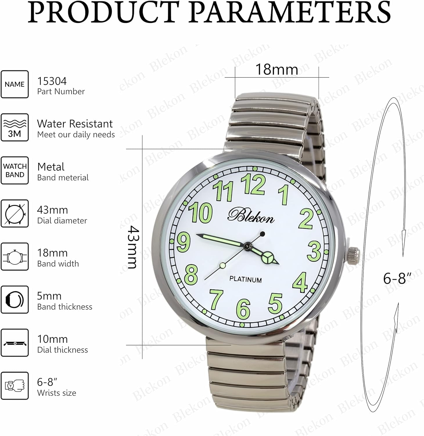 Blekon Collections New Super Large Face Stretch Band Luminous Hands and Numbers Dial Japanese Movement PC21J Fashion Watch