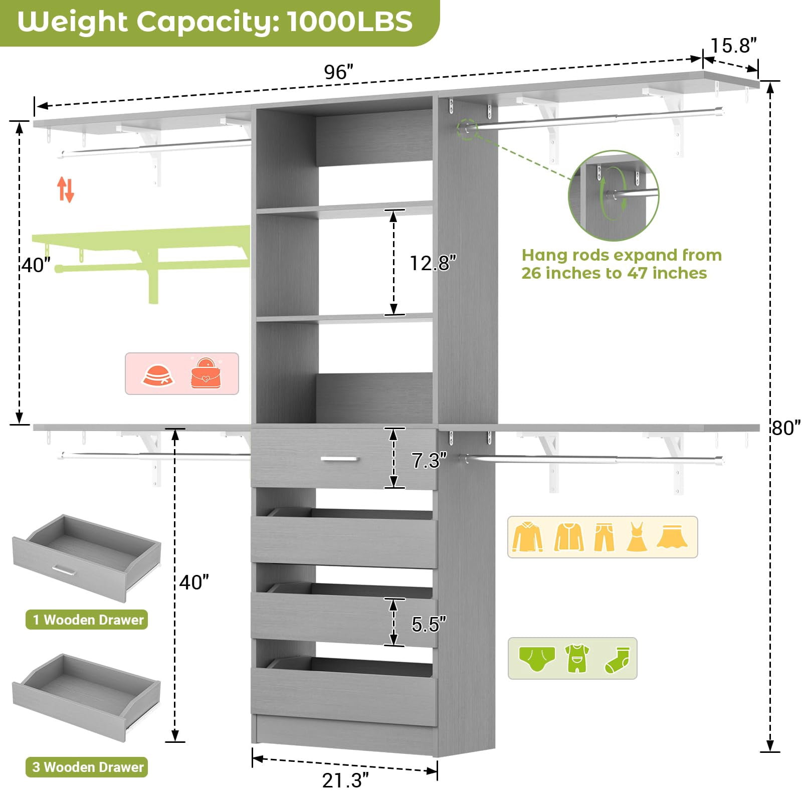 Homieasy 8FT Walk-in Closet System with 4 Wooden Drawers & 4 Hanging Rods , Heavy-Duty Closet Organizer for Bedroom/Laundry Room ,96'' Wardrobe Tower, Garment Rack, Gray