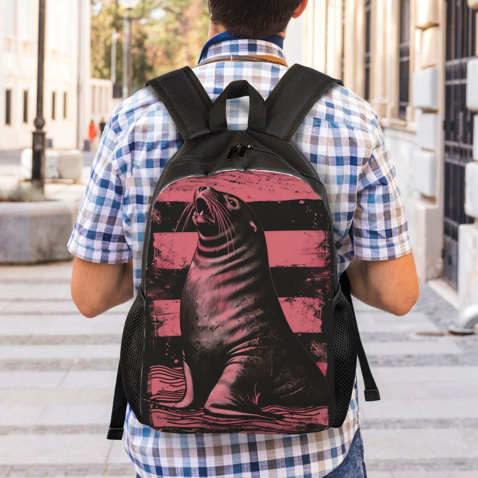 Xecao Graphic Seal On Stripes Print School Backpack with Laptop Compartment Small Travel Laptop Backpack for Women Men Waterproof College Backpack Simple School Bag