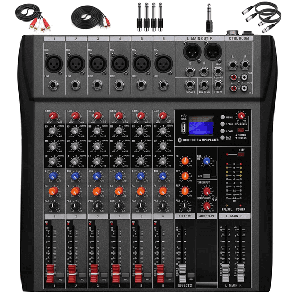 Audio Mixer 6 Channel,Console Sound Board with 16 Digital Effects,USB Audio Interface for Live Show,Streaming Recording Music Stage Karaoke