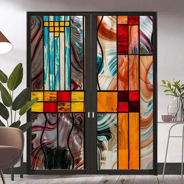 Stained Glass Window Film Self Adhesive Colorful Stained Glass Retro Geometric Removable Frosted Glass Film Plastic 35.4inch x 63inch (L+R,2PCS)