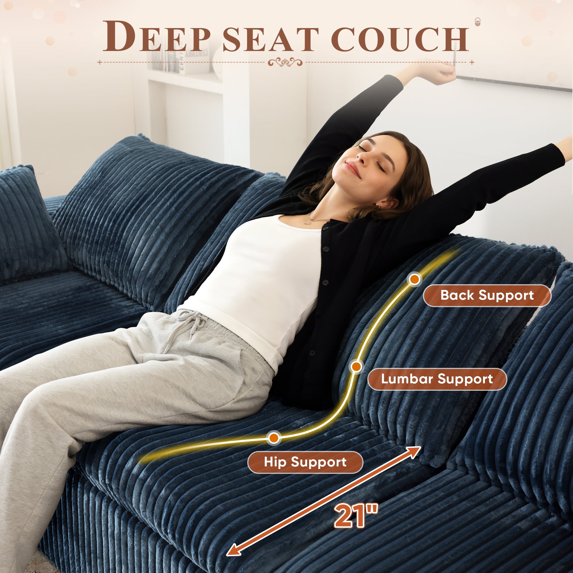 Muumblus 118" Oversized 3-Seater Boneless Sofa, No Assembly Deep Seat Corduroy Cloud Couch, Sleeper Sofa for Living Room, Blue