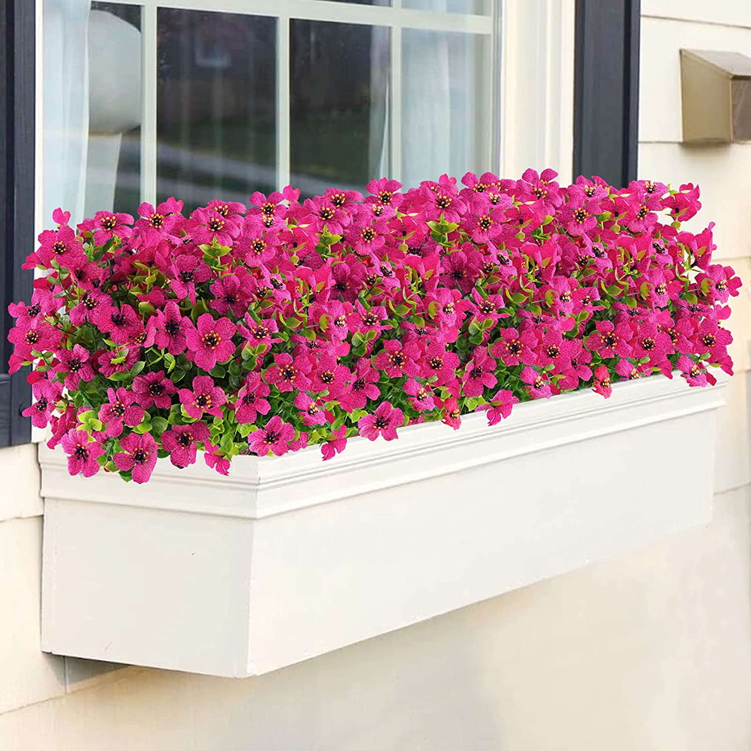 Sinhoon 8 Bundles Artificial Flowers UV Resistant Fake Plants Outdoor Faux Plastic Flowers Garden Window Box Porch Home Decor (Rosy red)