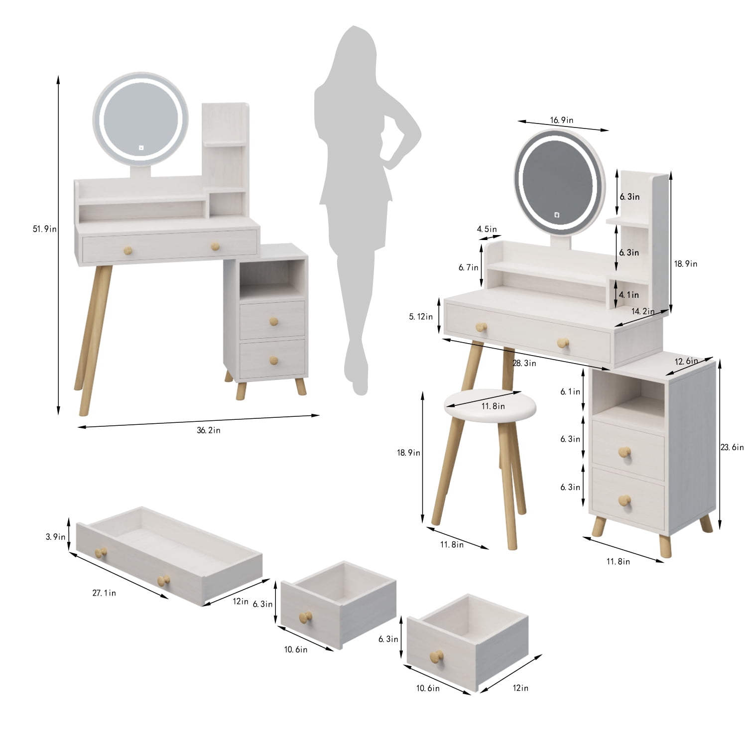 AENKYO Vanity Table Set with LED Mirror & Stool, Touch Control 3-Color Lighting, Multi-Layer Storage, Large Makeup Desk for Girls & Women - White