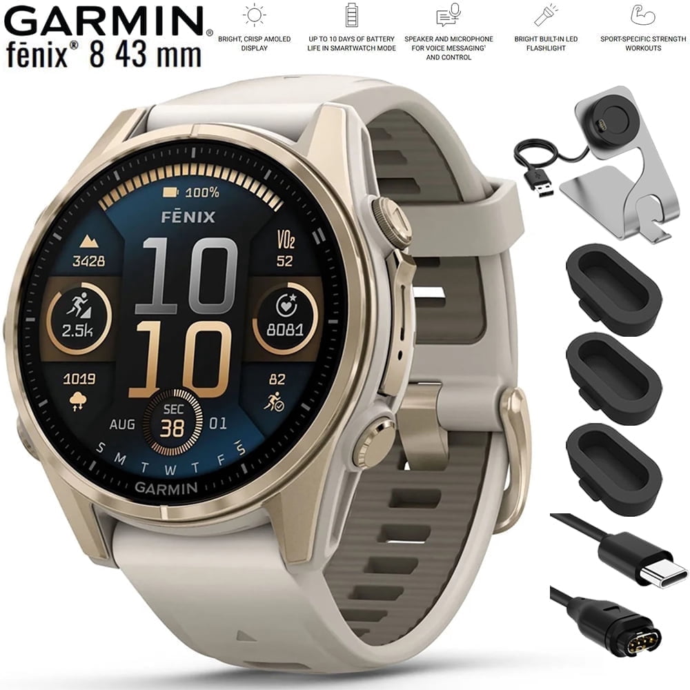 Garmin 010-02903-10 Fenix 8 43 mm AMOLED Sapphire Soft Gold with Fog Gray Sandstone Silicone Band Bundle with Charging Dock, Silicone Dust Cover 3 Pack and USB Type C Charging and Sync Cable