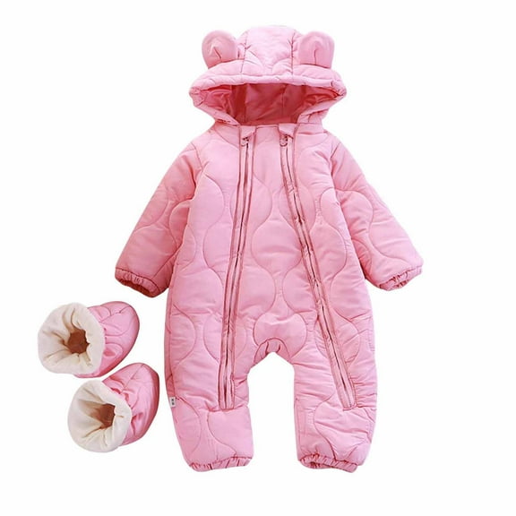 Busydd Baby Girl Romper with Foot Cover 3 Months-2 Years Solid Color Hooded Warm Puffer Rompers Comfy Long Sleeve Zipper Infant Toddler Boy Clothes