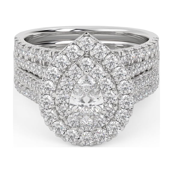 AFFY 3 Row Double Halo Teardrop Bridal Set Ring for Women, IGI Certified 2 Carat (ctw) Pear Cut Lab Grown Diamond Engagement Wedding Ring In 14K Solid White Gold F-G, VS-SI Quality Ring Size-4