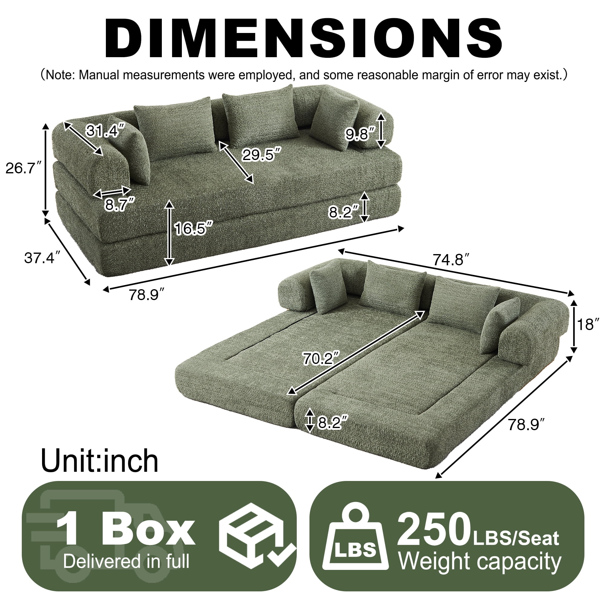 78.9inch Convertible Sleeper Sofa,Chenille Folding Mattress Sofa with DIY Removable Armrests,Floor Standing Lounge Sofa for Living Room Bedroom Small Space,Green