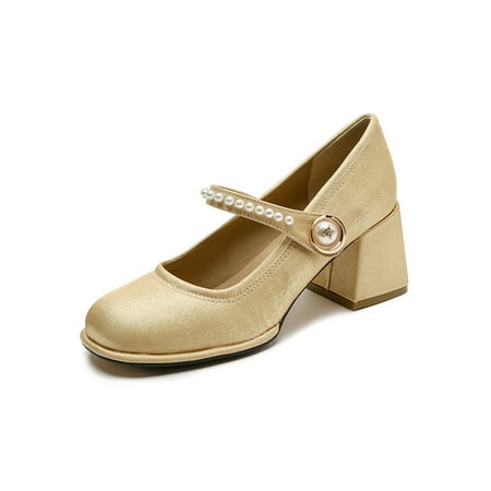 

Woobling Womens Mary Jane Heels Slip On Dress Shoes Chunky Block Heel Pumps Comfort Work Party Light Apricot 2.5Y