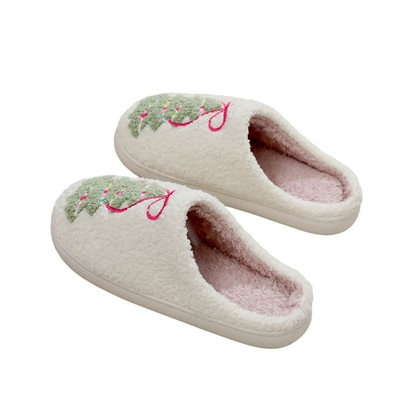 CHUMUD Women's House Slippers Christmas Tree Print Plush Slippers Winter Soft Cozy Non-Slip Slip-on Home Slippers Holiday Gifts