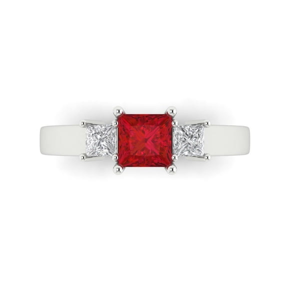 Three-Stone Engagement Ring for Women - 1.11ct Simulated Ruby in 14K White Gold Promise Ring