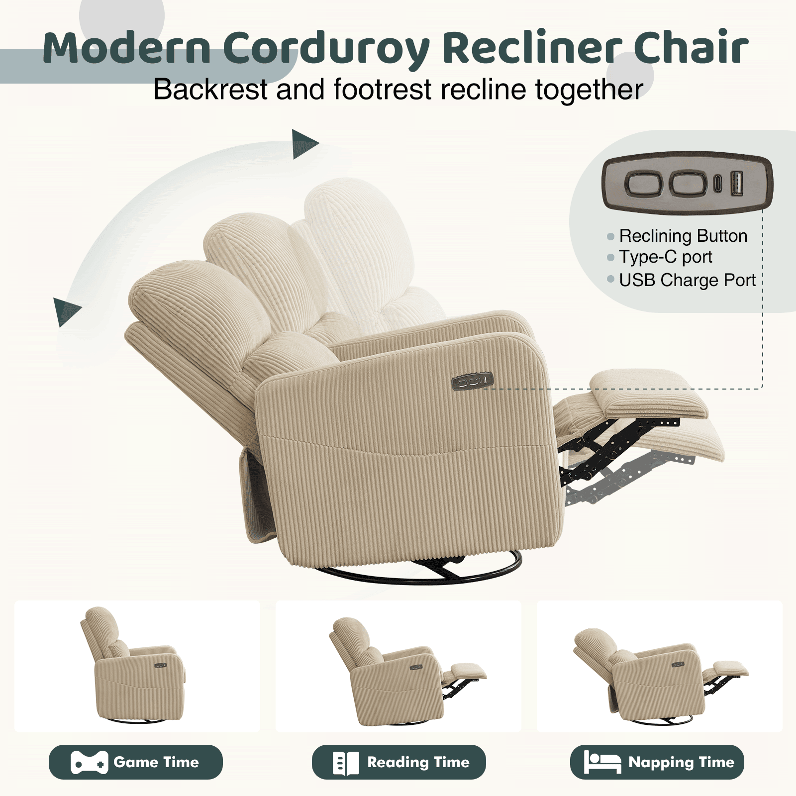 Aemeios Swivel Power Recliner Chair Corduroy Nursery Glider Rocking Recliner, Gray