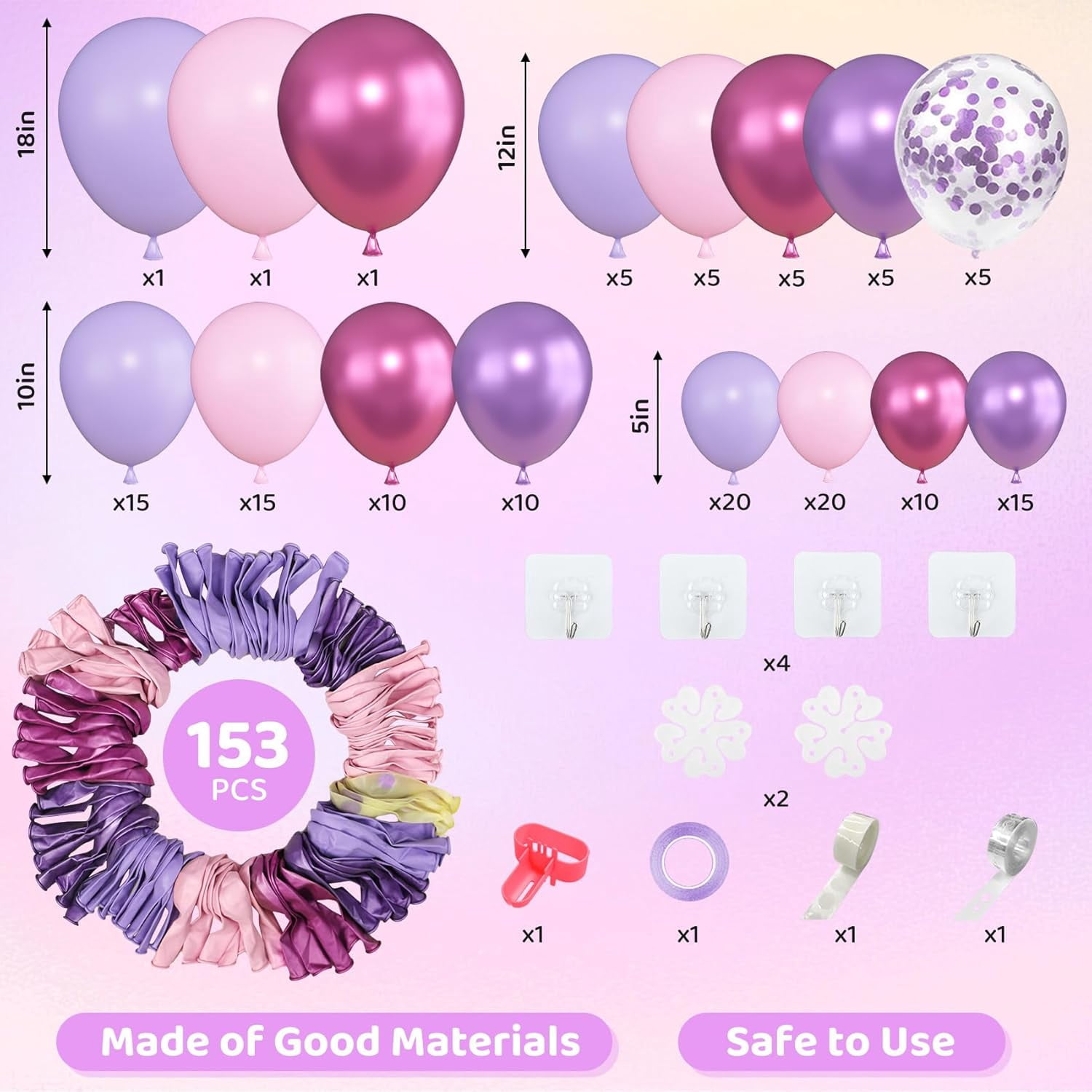 Pink Purple Balloon Garland Arch Kit, Latex Metallic Confetti Balloons for Party Decoration