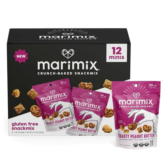 Marimix Snack Mix, Crunch Baked Sweet & Salty Savory Plant Based Naturally Gluten Free Whole Grain Fiber Charcuterie Pretzel Party Mix, No Artificial Ingredients, 12 Count, Mini Toasty Peanut Butter