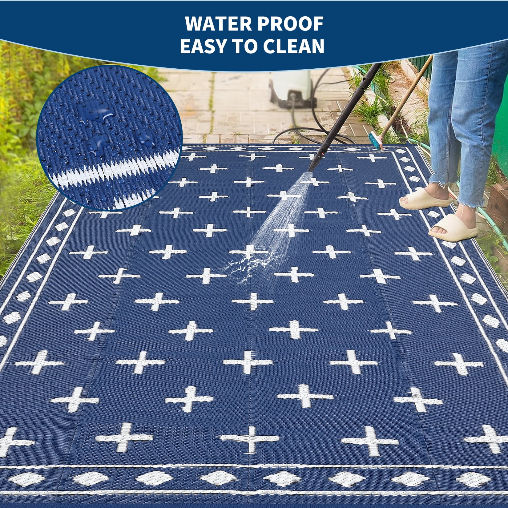 Geometric Outdoor Rug 9x12, Reversible Waterproof Plastic Straw Area Mat for Patio, RV Awning, Garden, Deck, Balcony, Camping and Beach,Dark Blue