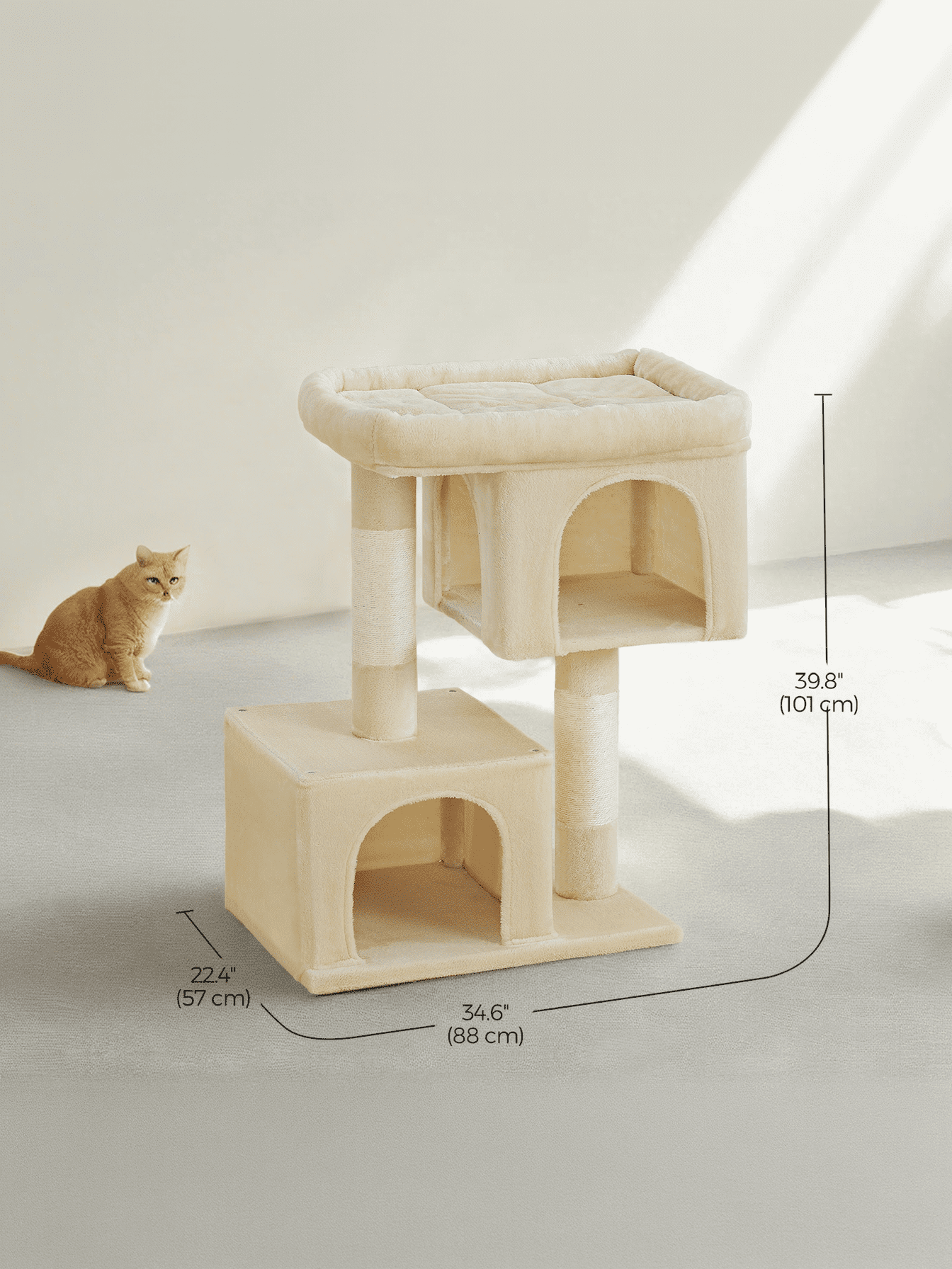 LEDREM 40.6-Inch Cat Tree Tower for Extra Large Cats up to 44 lb, Plush Condo with Large Perch & 3 Caves, Scratching Posts, Beige