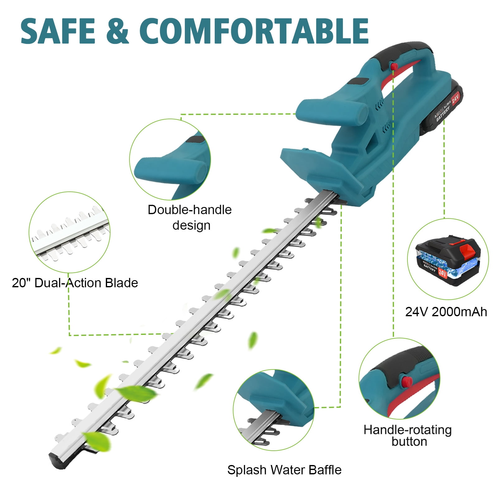 24V Lightweight Cordless Hedge Trimmer, 20 Inch Dual-Action Carbon Steel Blade Electric Hedge Trimmer with Ergonomic Comfort Grip