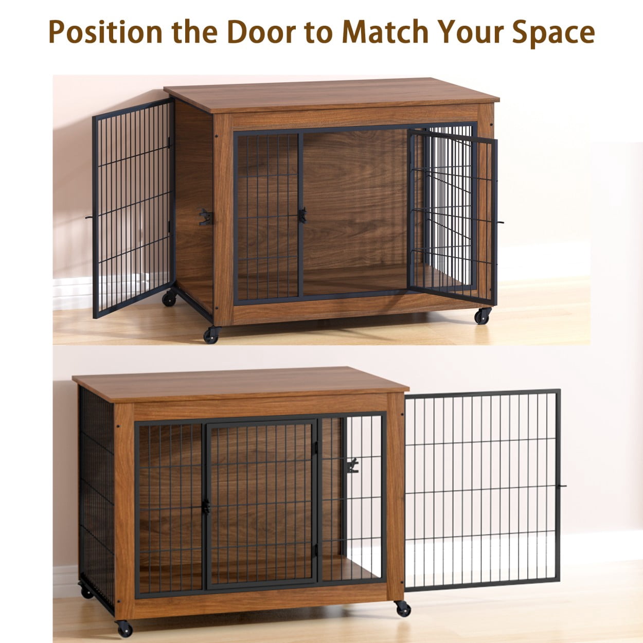 38.6" Dog Crate Furniture with Wheels for Small Dogs, Wooden Indoor Kennel with 2 Doors, Heavy Duty Metal Dog Cage End Table, Double Door Pet Crate, Brown