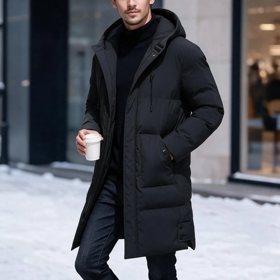 Ceisia Mens Mid Length Hooded Zipper Winter Puffer Coat Thick Warm Insulated Casual Outerwear For Men Black XXXXXL Gift