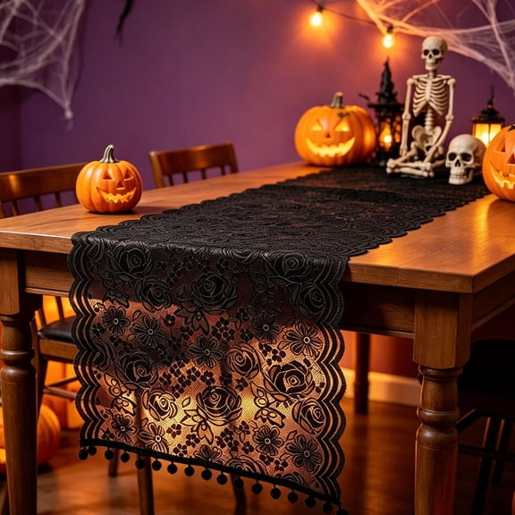 Black Floral Lace Table Runner, Polyester Semi Sheer Tassel Vintage Dining Table Decor for Home Wedding Party