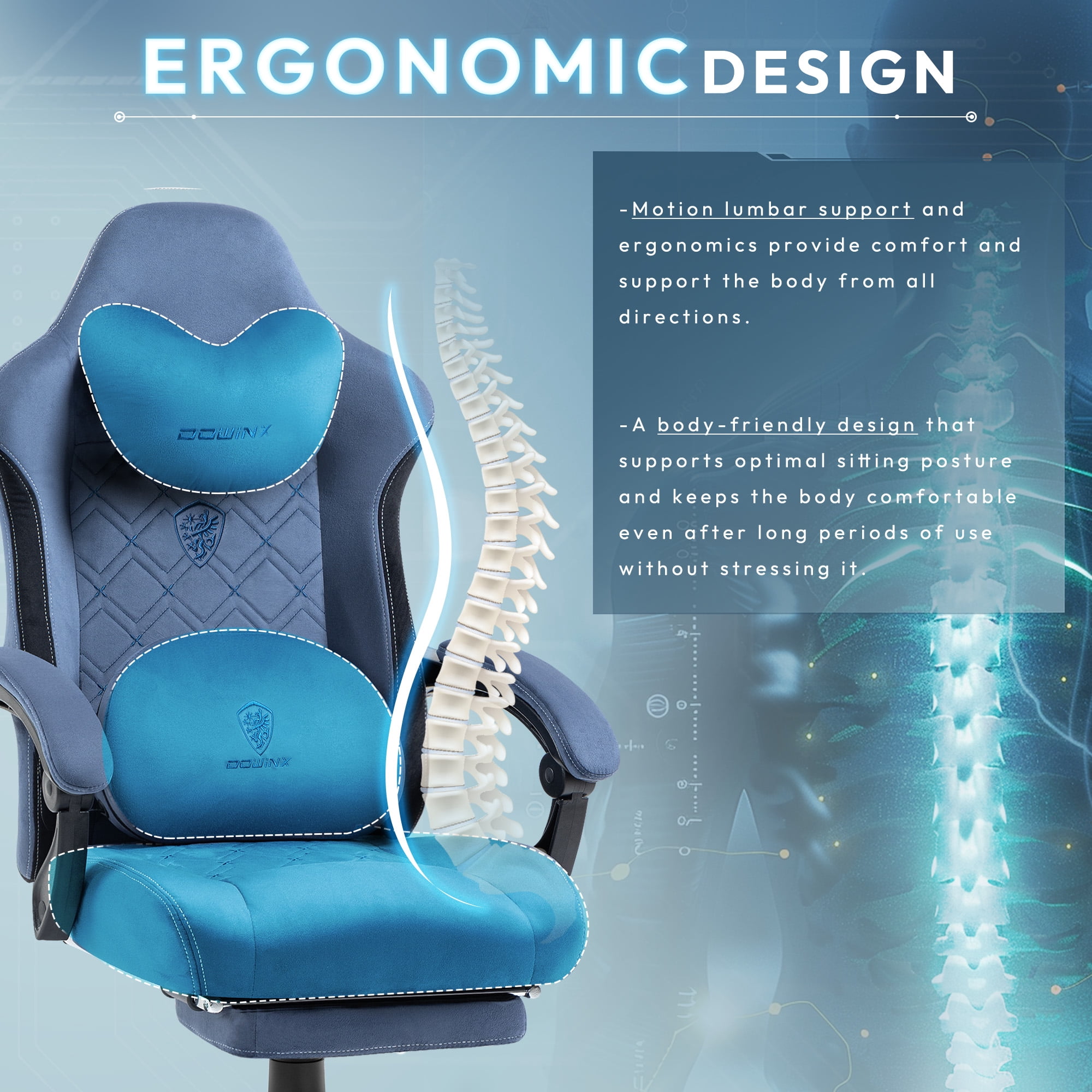 GOOSEA Fabric Gaming Chair with Heated Massage Lumbar Support, Big and Tall Game Chair for Adults, High Back PC Chair with Pocket Spring Cushion and Footrest, Blue