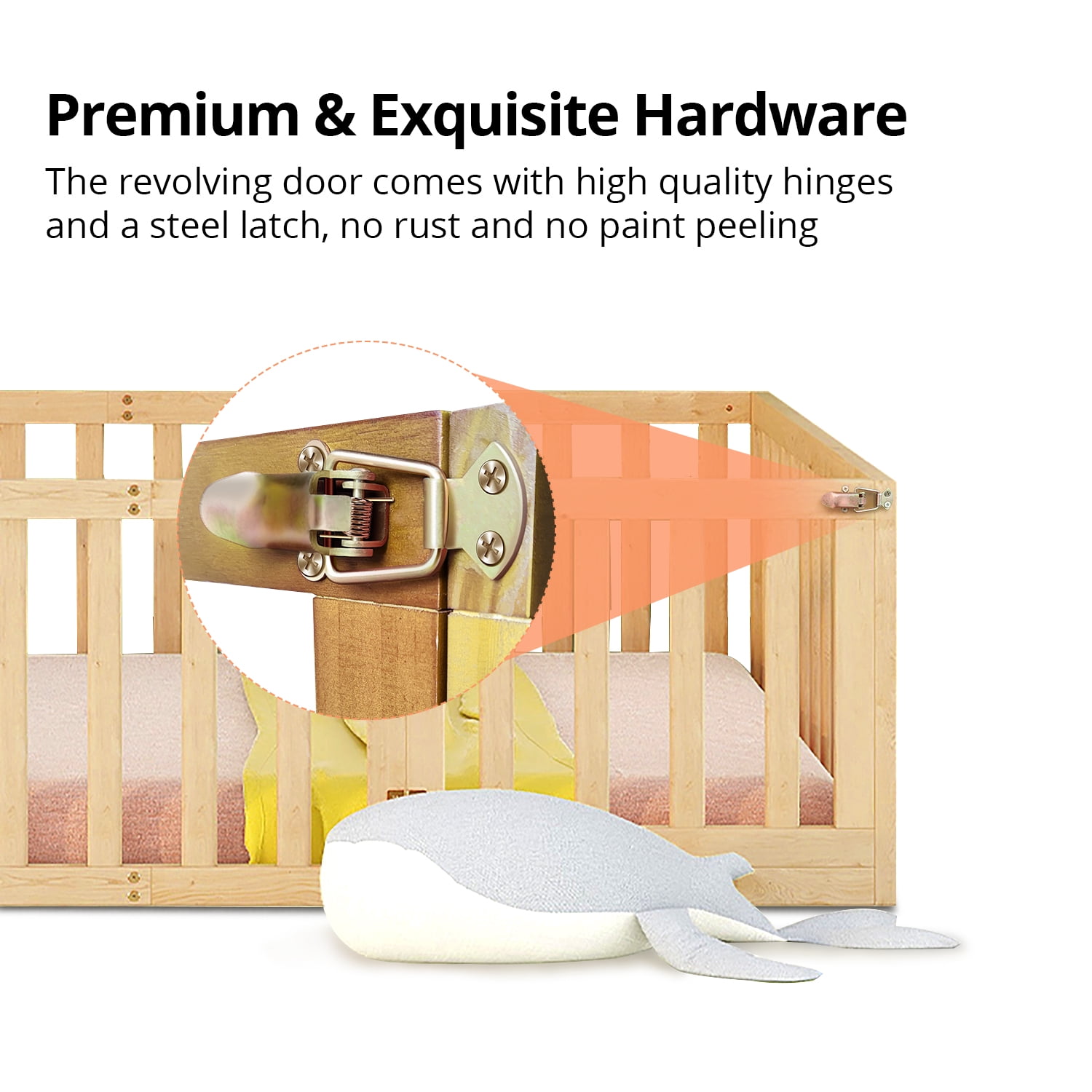 Full Size Floor Bed for Kids, Wood Full Montessori Bed Frame with Fence Guardrails and & Support Slats, Full Playhouse Bed with Door Design, Kids Fence Bed Playpen Bed for Boys ,Girls, Natural