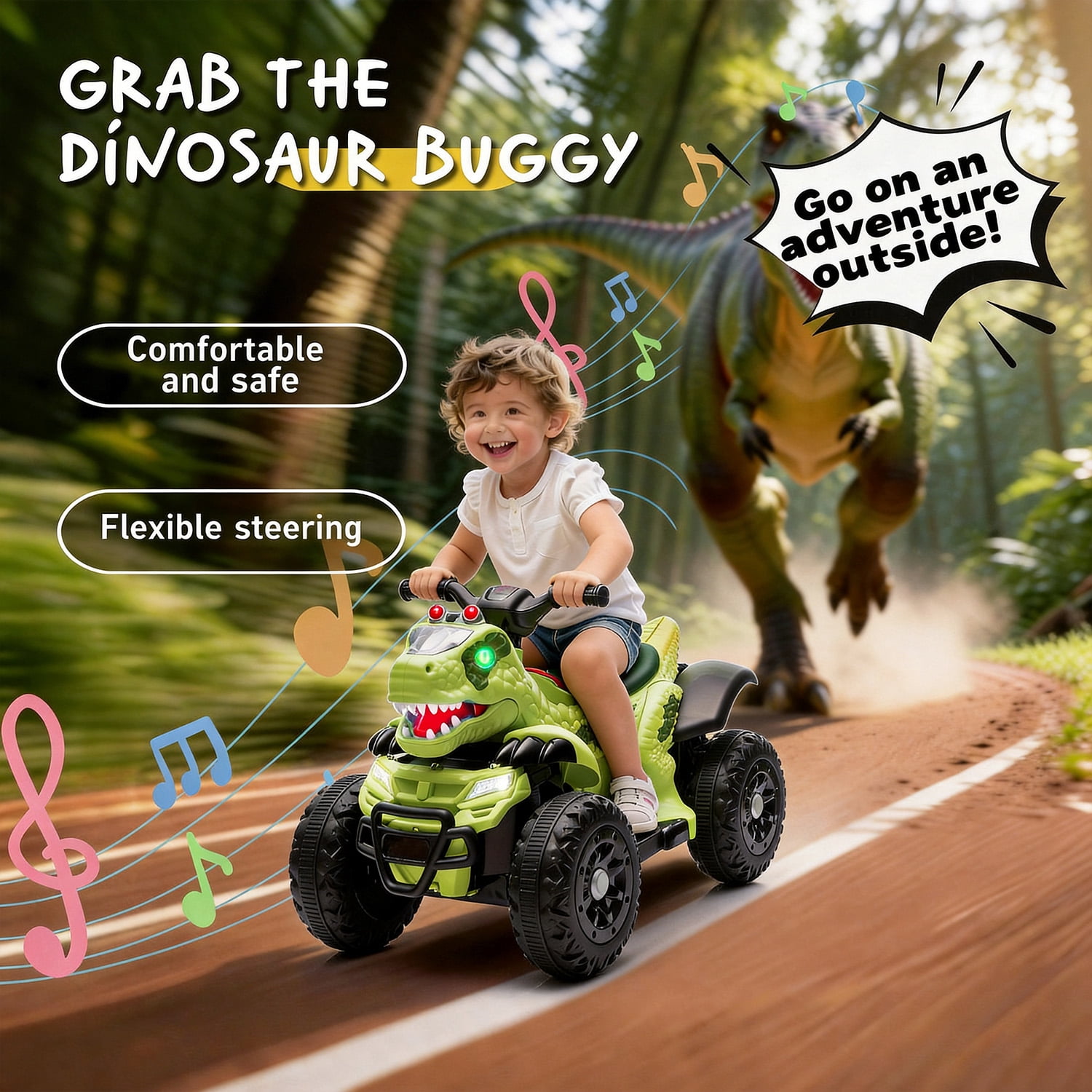 Track Seven 12V Electric Ride-On ATV, Dinosaur Four Wheeler Electric Car with Bluetooth, LED Lights, Music, Electric Quad Ride-On Toy Car for Toddlers Boys Girls Age 2+, Green
