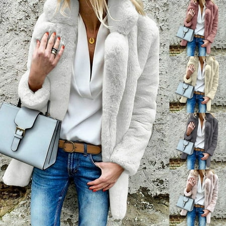 White Winter Coat (Womens Lapel Faux Fur Solid Fleece Warm Winter Casual Open Front Loose Tops Fashion Coat Outwear Overcoat)