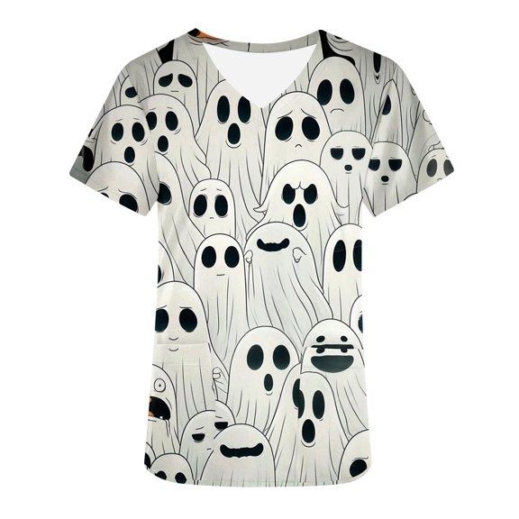 AGWOLF Halloween Scrub Tops Women Short Sleeve V Neck Scrubs Funny Ghost Print Nurse Workwear Holiday Working Uniform Shirts with Pockets