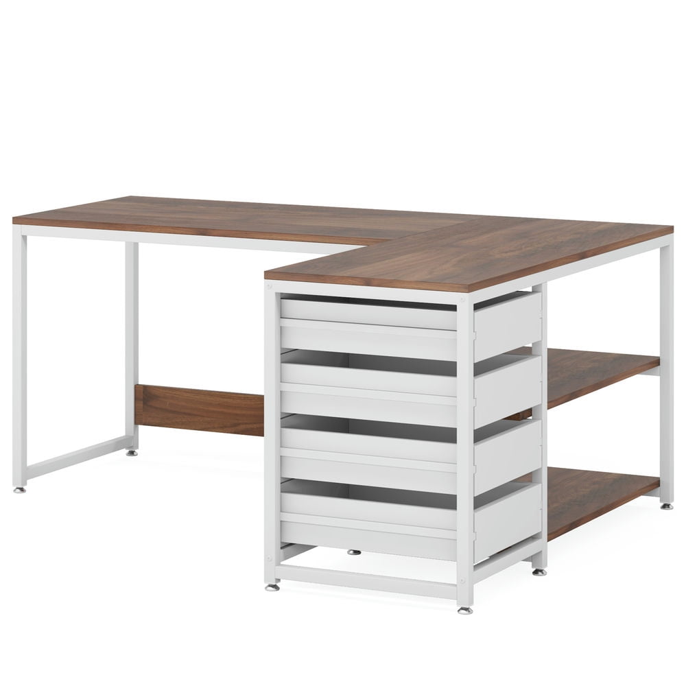 Spaco 59" L-Shaped Desk, Reversible Corner Desk with Drawers & Shelves,Desk for Indoor as Home, Office, Walnut