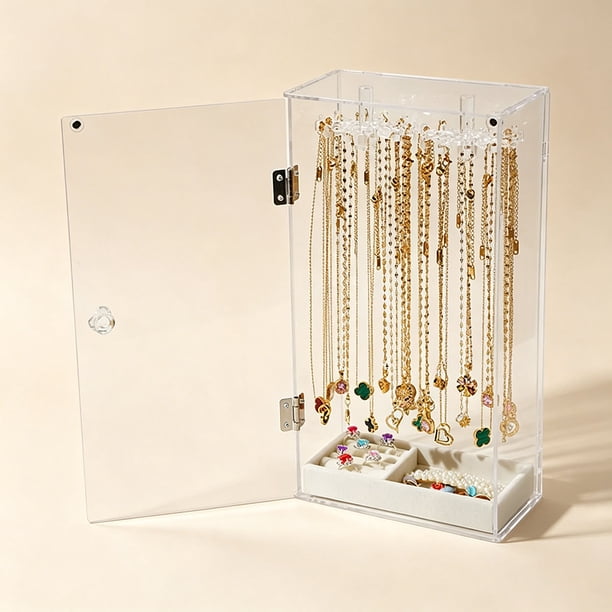 Soporte para Collar de Acrílico, Caja de Almacenamiento de Joyería de Acrílico Transparente, con 24 Ganchos Giratorios, Bandeja de Terciopelo, para Pendientes, Collares, Anillos