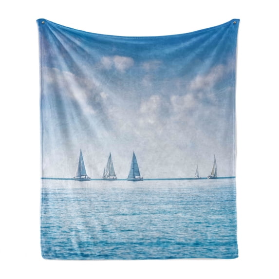 Ocean Soft Flannel Fleece Blanket, Sail Boats Sea Regatta Race Sports Panoramic View Seascape Summer Sky Photo, Cozy Plush for Indoor and Outdoor Use, 50" x 70", Pale Blue and White, by Ambesonne