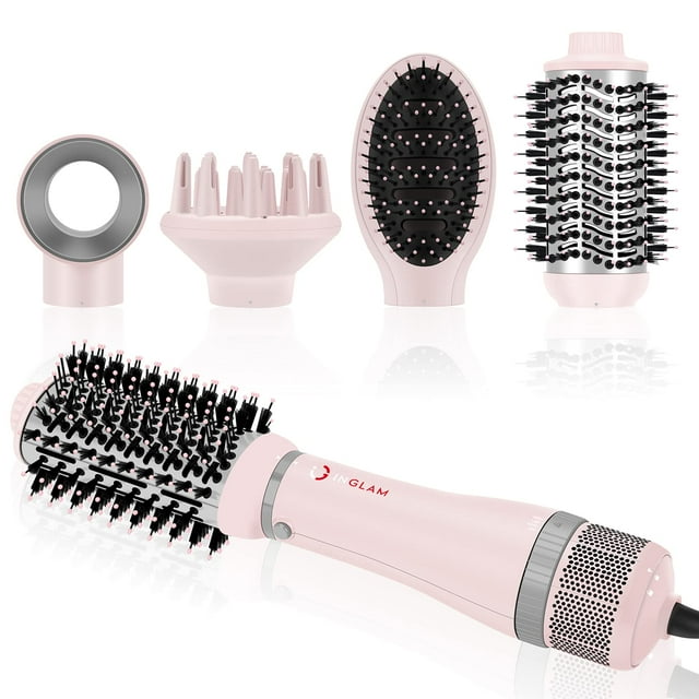 IG INGLAM Juego de cepillos para secador de pelo 4 en 1, secador de pelo desmontable de iones negativos, moldeador voluminizador con 2 cabezales de cepillo, rosa
