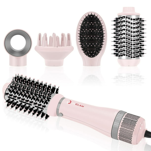IG INGLAM Juego de cepillos para secador de pelo 4 en 1, secador de pelo desmontable de iones negativos, moldeador voluminizador con 2 cabezales de cepillo, rosa