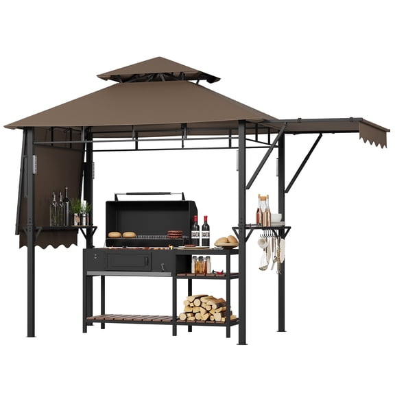 Heavy Duty Grill Gazebo with Double-Tiered Canopy, Side Shelves, LED Lights, Hooks & Bottle Opener for Patio, Backyard & Garden